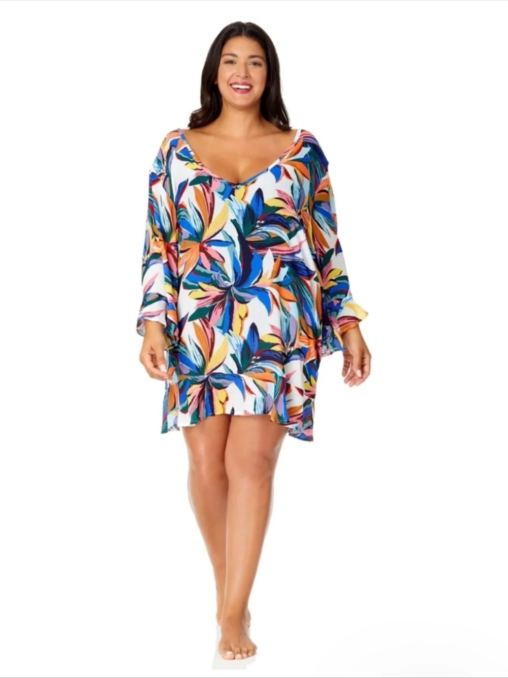 Anne Cole Tropical V Neck Tunic Swimsuit Cover Up